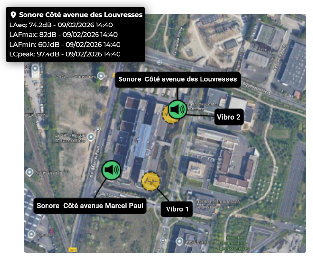 Vue plan montrant les différents types de bruits, l'endroit où ils se situent et l'intensité en dB.